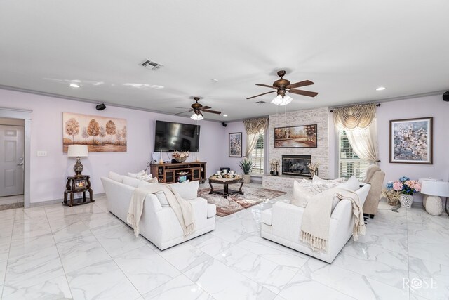 living area with recessed lighting, a fireplace, visible vents, baseboards, and marble finish floor