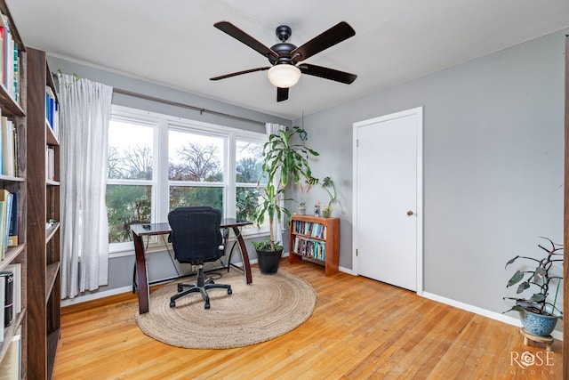 office with ceiling fan, light wood finished floors, and baseboards