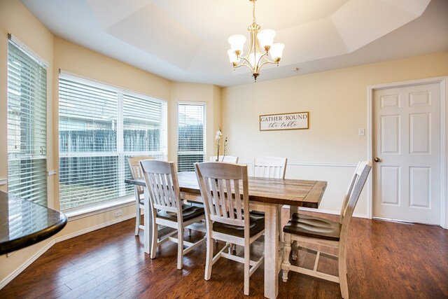 4974 Scarlet Oak Dr, San Angelo, TX 76904 - dining space with a chandelier, a raised ceiling, wood finished floors, and plenty of natural light