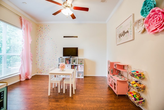 4974 Scarlet Oak Dr, San Angelo, TX 76904 - recreation room featuring plenty of natural light, wood finished floors, ornamental molding, and a ceiling fan