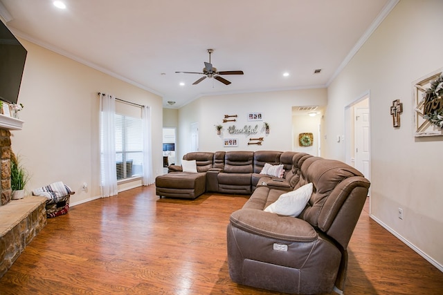 4974 Scarlet Oak Dr, San Angelo, TX 76904 - living room with wood finished floors, ceiling fan, recessed lighting, and ornamental molding