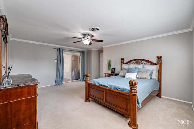 2305 Douglas Dr, San Angelo, TX 76904 - bedroom with ornamental molding, light carpet, baseboards, a ceiling fan, and access to exterior