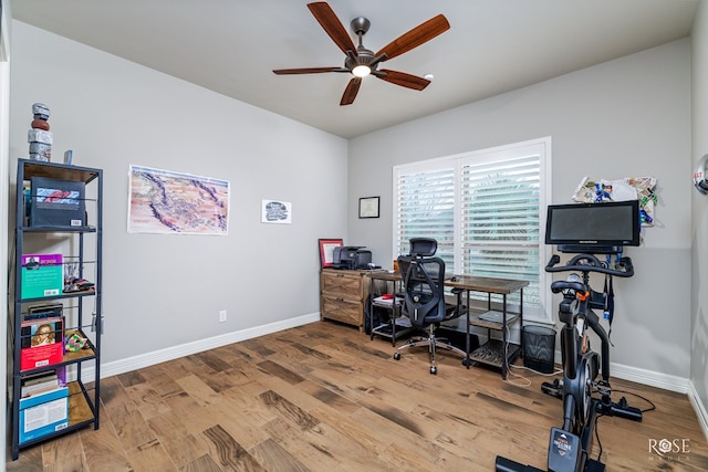 office area with ceiling fan and hardwood / wood-style floors