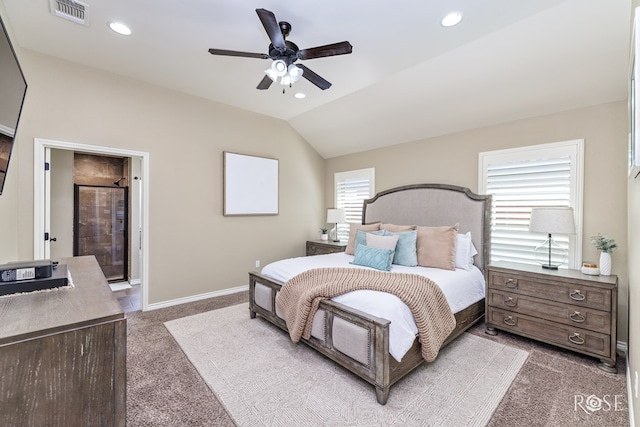 bedroom featuring lofted ceiling, dark colored carpet, visible vents, recessed lighting, and baseboards