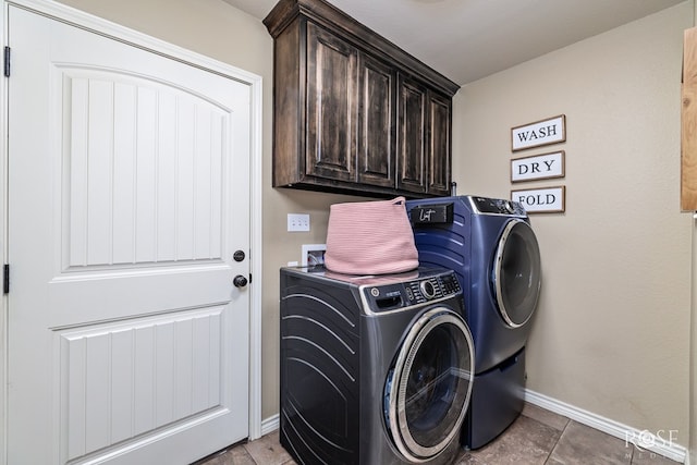 laundry area with cabinet space, baseboards, and washing machine and clothes dryer