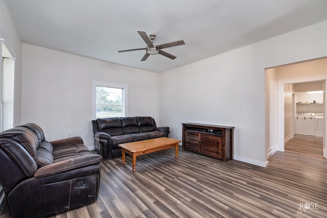 415 E Harris Ave, San Angelo, TX 79903 - living room with separate washer and dryer, a ceiling fan, and wood finished floors