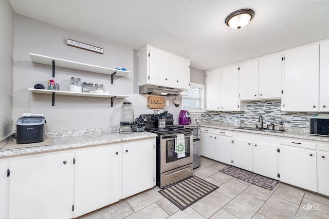 kitchen with electric stove, white cabinetry, sink, and decorative backsplash