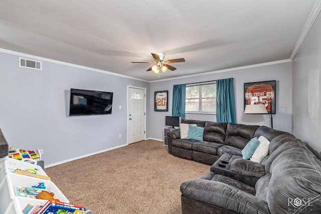 1951 W Twohig Ave, San Angelo, TX 76901 - carpeted living area featuring ceiling fan and ornamental molding
