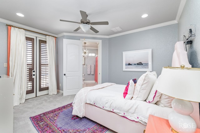 bedroom with french doors, crown molding, light carpet, connected bathroom, and access to outside