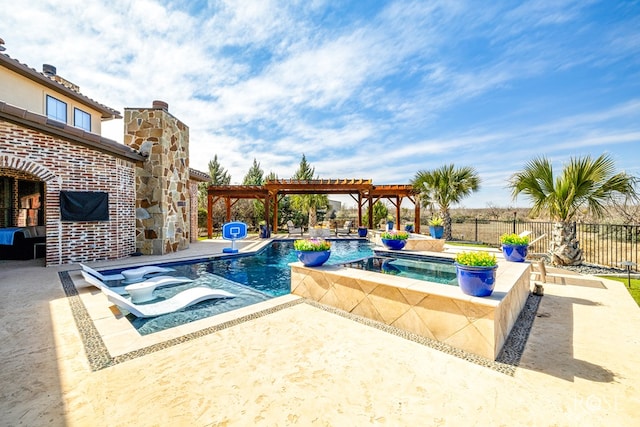 view of pool featuring a fenced in pool, a patio, fence, a pergola, and an in ground hot tub