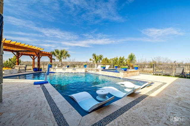 pool featuring an in ground hot tub, a patio area, fence, and a pergola