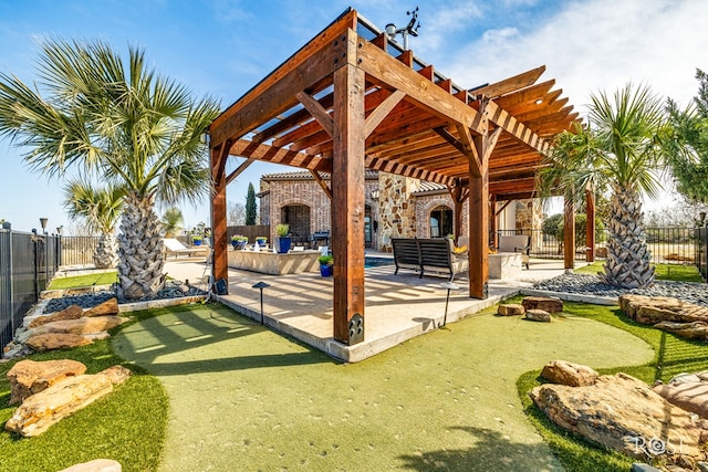 view of home's community featuring fence, an outdoor living space, and a patio