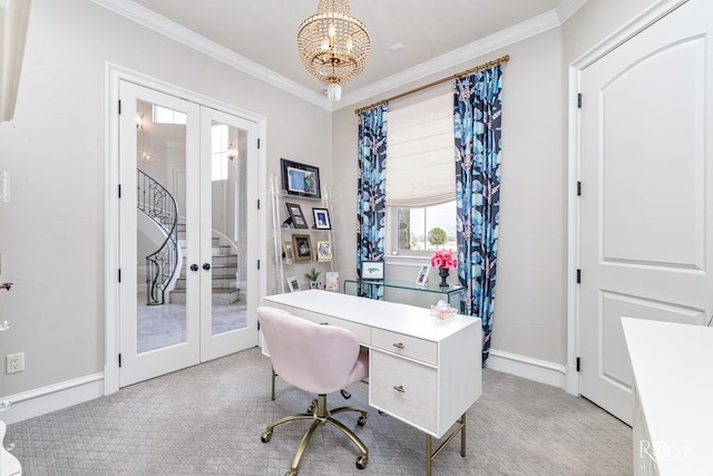 office space featuring ornamental molding, french doors, and light colored carpet