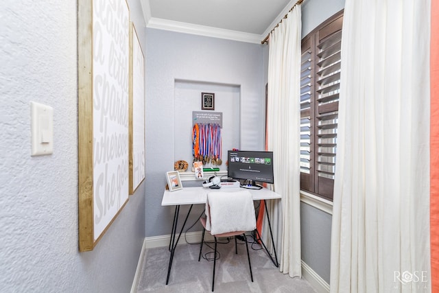 office with ornamental molding, a textured wall, and baseboards