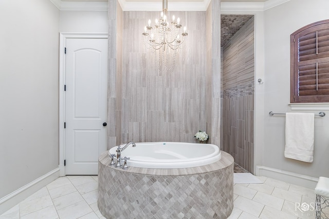 bathroom featuring a garden tub, ornamental molding, a chandelier, and tile patterned floors