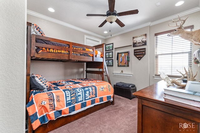 bedroom with recessed lighting, light colored carpet, and crown molding