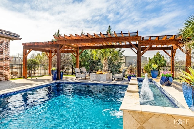 view of pool with fence, a fire pit, and a pergola