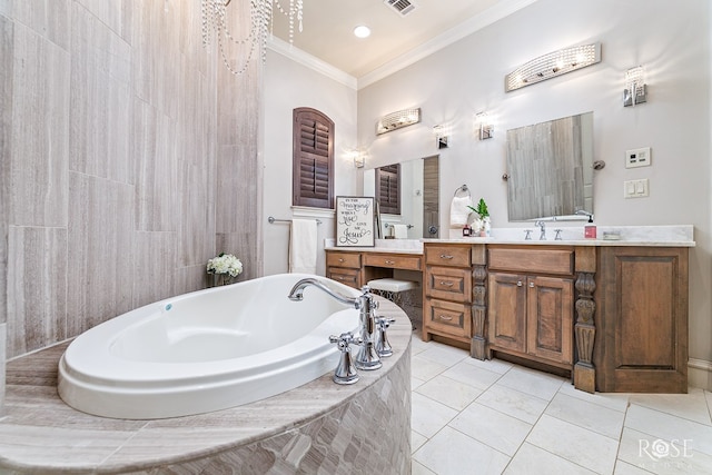 bathroom featuring visible vents, ornamental molding, tile patterned flooring, vanity, and a bath