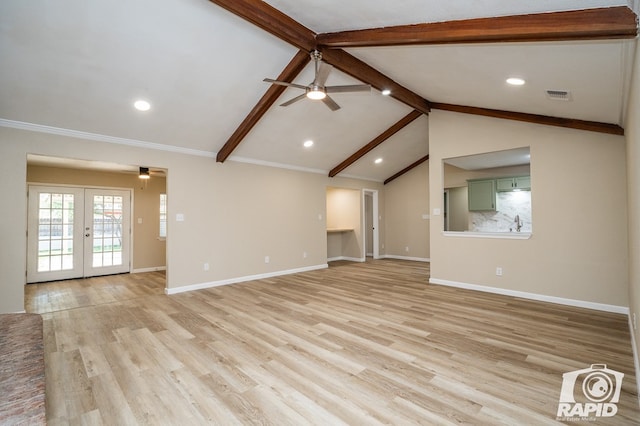 unfurnished living room with french doors, ceiling fan, light hardwood / wood-style flooring, and vaulted ceiling with beams