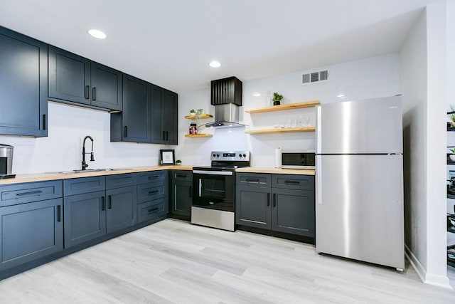 kitchen with sink, light hardwood / wood-style flooring, island exhaust hood, and appliances with stainless steel finishes