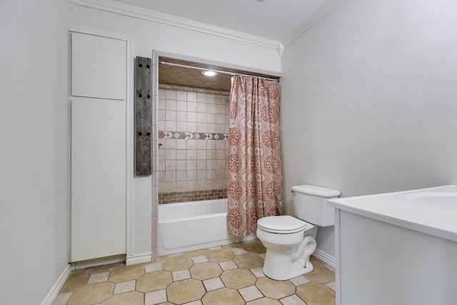 bathroom with toilet, vanity, baseboards, shower / bath combo with shower curtain, and crown molding