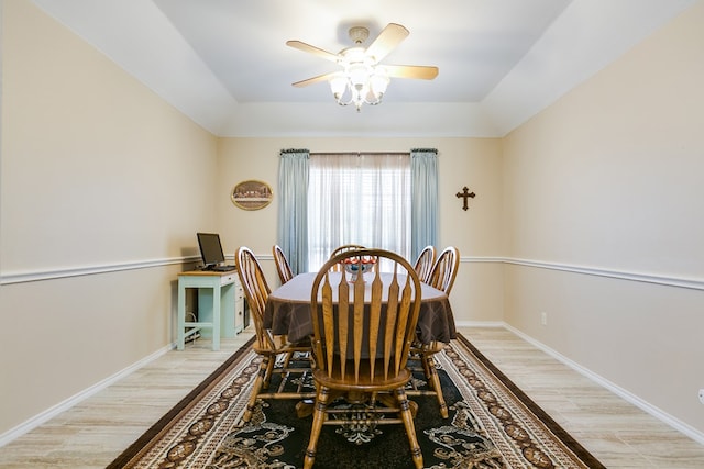 dining area featuring ceiling fan, light wood finished floors, and baseboards