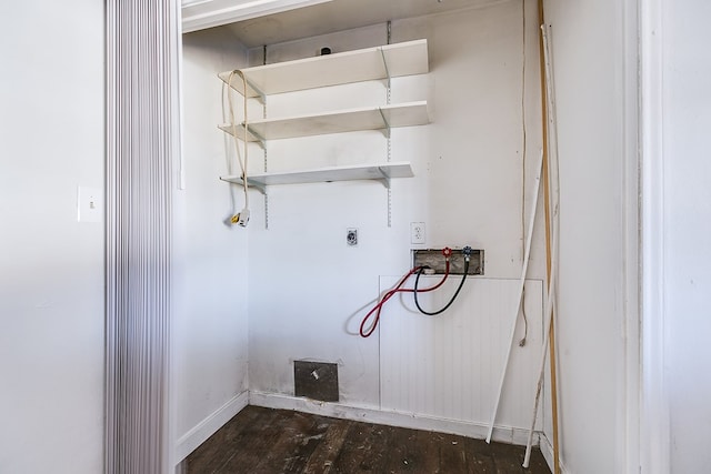 clothes washing area with washer hookup, dark wood-type flooring, and hookup for an electric dryer