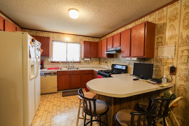 kitchen with dishwashing machine, sink, black gas stove, white fridge with ice dispenser, and kitchen peninsula