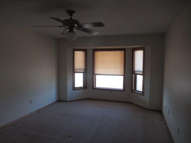 carpeted spare room with ceiling fan