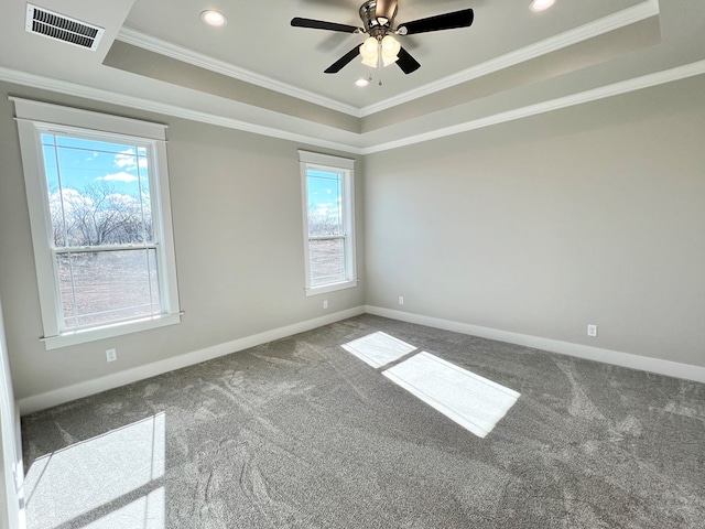 unfurnished room with ornamental molding, plenty of natural light, and a raised ceiling