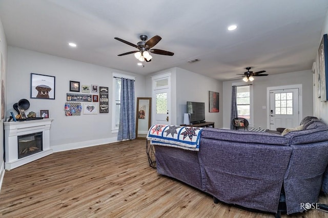 living room with hardwood / wood-style flooring and ceiling fan