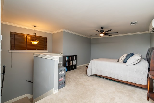 3918 Caroline Ln, San Angelo, TX 76904 - bedroom featuring crown molding, baseboards, light colored carpet, and a ceiling fan
