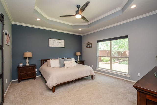 3918 Caroline Ln, San Angelo, TX 76904 - bedroom with a raised ceiling, light carpet, crown molding, baseboards, and recessed lighting