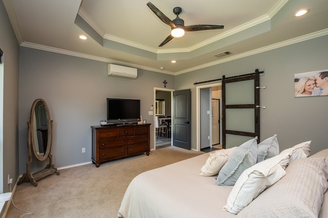 3918 Caroline Ln, San Angelo, TX 76904 - bedroom featuring a wall mounted air conditioner, a tray ceiling, a barn door, light colored carpet, and crown molding