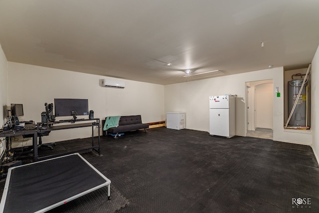 carpeted home office with water heater and an AC wall unit