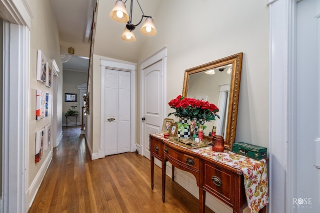 hallway with lofted ceiling and wood-type flooring