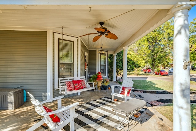 view of patio with a porch and ceiling fan