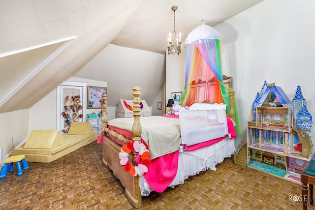 bedroom featuring a notable chandelier, parquet flooring, a textured ceiling, and vaulted ceiling