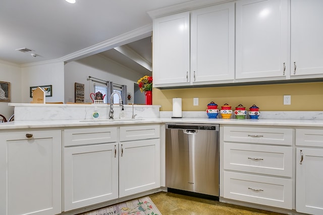 kitchen with crown molding, visible vents, white cabinetry, a sink, and dishwasher