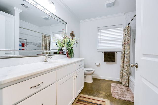 bathroom featuring visible vents, a shower with shower curtain, toilet, ornamental molding, and vanity