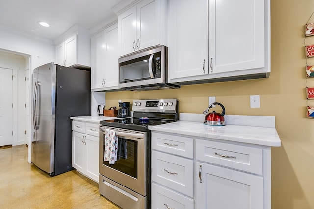 kitchen with white cabinets, appliances with stainless steel finishes, light stone countertops, crown molding, and recessed lighting