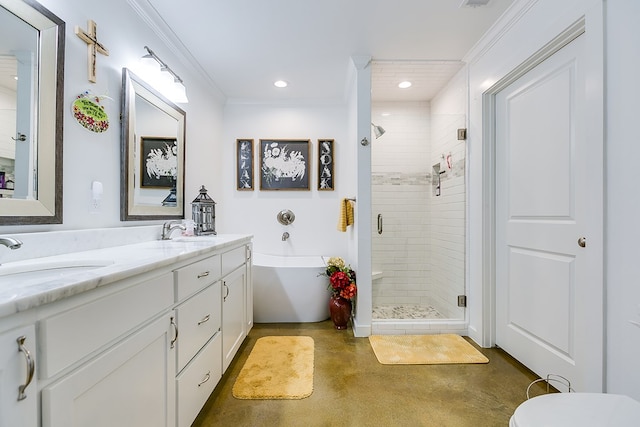 full bathroom with ornamental molding, a tub, a sink, and a shower stall