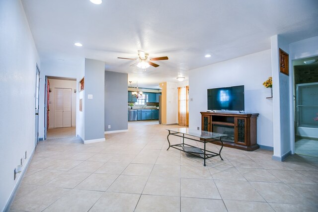 220 Mcdowell St, Bronte, TX 76933 - living room featuring ceiling fan, a chandelier, recessed lighting, and light tile patterned floors