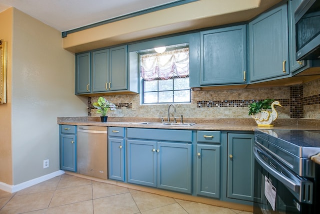 220 Mcdowell St, Bronte, TX 76933 - kitchen featuring appliances with stainless steel finishes, blue cabinets, and backsplash