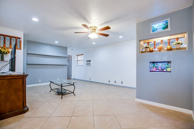 220 Mcdowell St, Bronte, TX 76933 - living area with a ceiling fan, recessed lighting, built in features, light tile patterned floors, and an AC wall unit