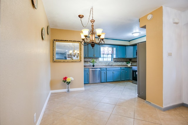 220 Mcdowell St, Bronte, TX 76933 - kitchen with stainless steel dishwasher, blue cabinets, a chandelier, backsplash, and light tile patterned floors