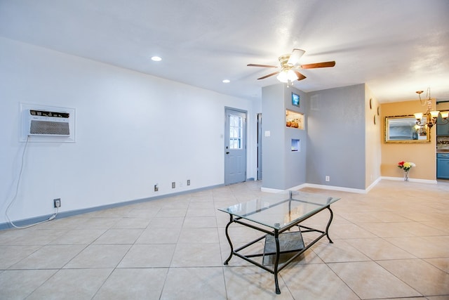 220 Mcdowell St, Bronte, TX 76933 - unfurnished living room featuring ceiling fan, a chandelier, light tile patterned flooring, recessed lighting, and a wall mounted AC