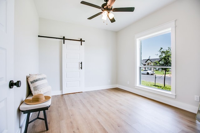 3609 Clearview Dr, San Angelo, TX 76904 - empty room featuring plenty of natural light, a barn door, light wood-style floors, and a ceiling fan