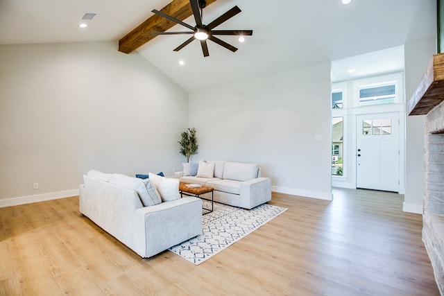 3609 Clearview Dr, San Angelo, TX 76904 - living area featuring a ceiling fan, beamed ceiling, high vaulted ceiling, light wood finished floors, and recessed lighting