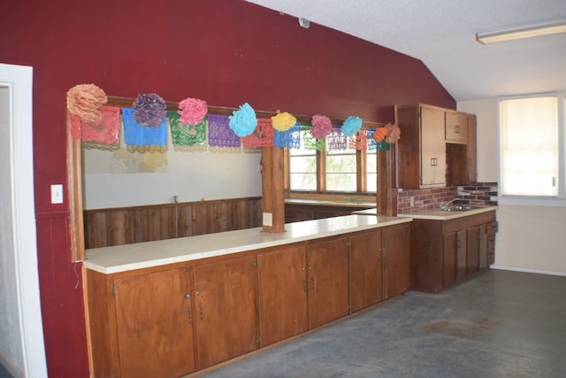 kitchen with plenty of natural light, sink, and lofted ceiling